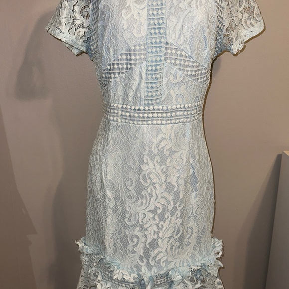 Dusty Blue Frill Hem Lace Bodycon Dress - Picture 2 of 7